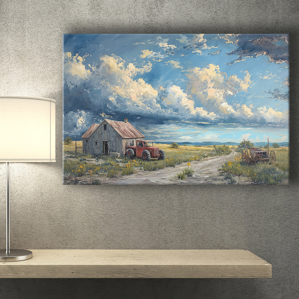 Old Tractor And House In The Garden Painting, Art Print, Canvas Print Wall Art Home Decor