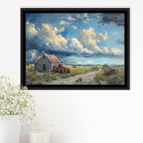 Old Tractor And House In The Garden Painting, Floating Frame, Framed Canvas Print Wall Art Home Decor