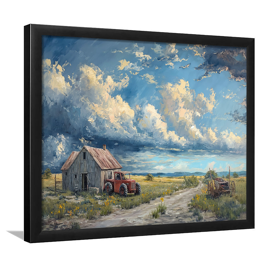 Old Tractor And House In The Garden Painting, Painting Art, Framed Art Print Wall Art Home Decor