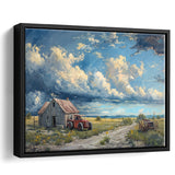 Old Tractor And House In The Garden Painting, Floating Frame, Framed Canvas Print Wall Art Home Decor