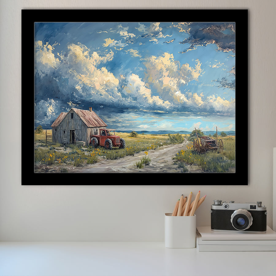 Old Tractor And House In The Garden Painting, Painting Art, Framed Art Print Wall Art Home Decor