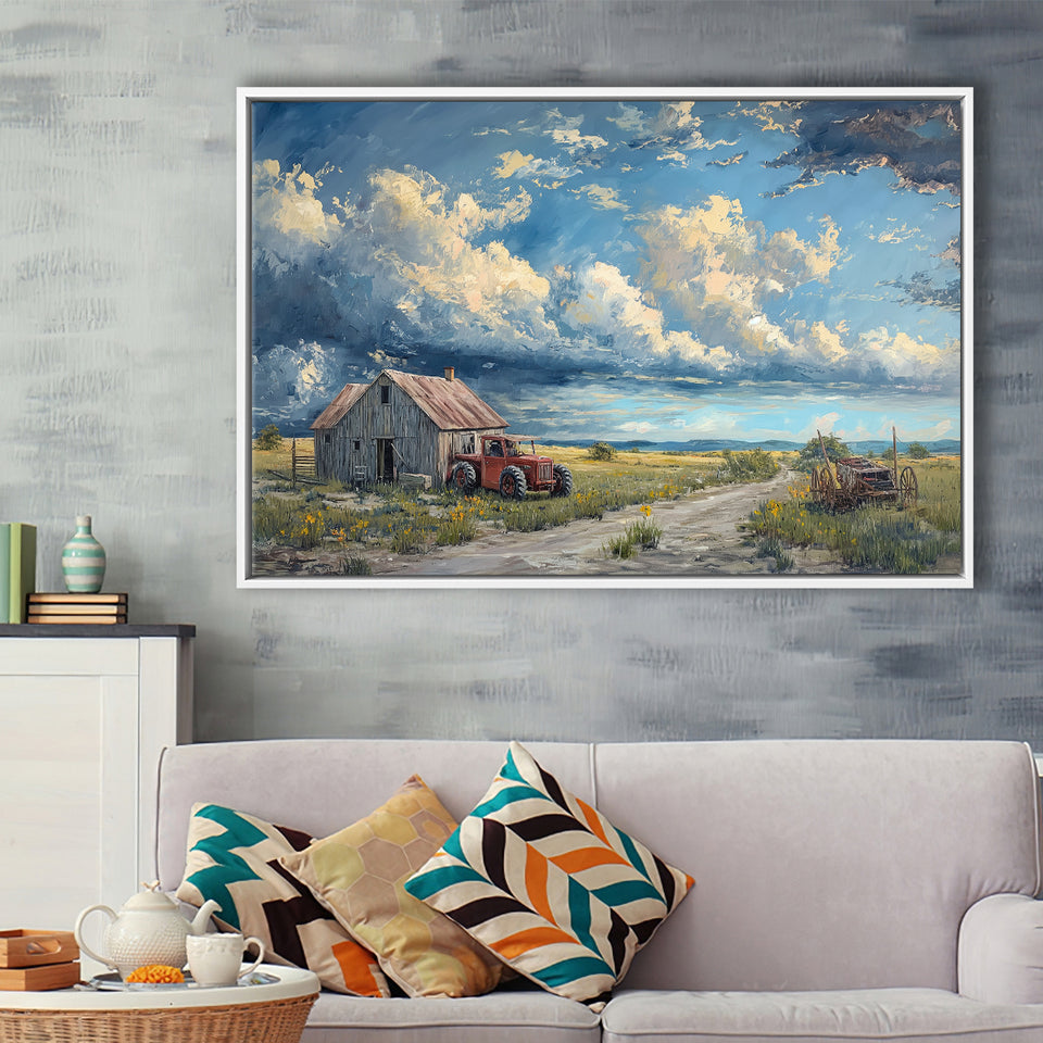 Old Tractor And House In The Garden Painting, Floating Frame, Framed Canvas Print Wall Art Home Decor