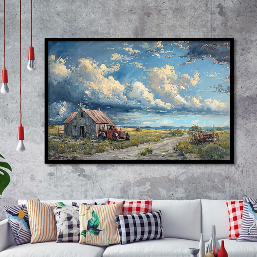 Old Tractor And House In The Garden Painting, Painting Art, Framed Art Print Wall Art Home Decor