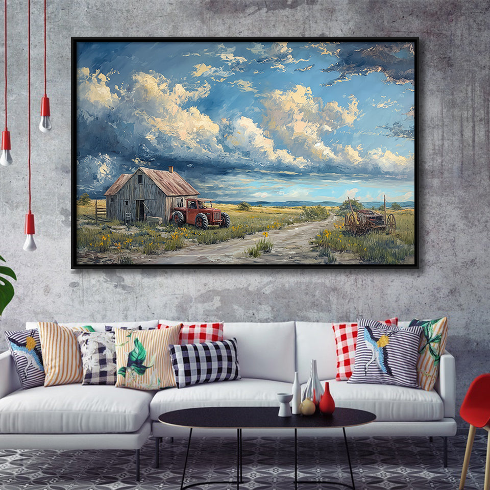 Old Tractor And House In The Garden Painting, Floating Frame, Framed Canvas Print Wall Art Home Decor