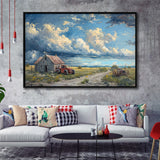 Old Tractor And House In The Garden Painting, Floating Frame, Framed Canvas Print Wall Art Home Decor