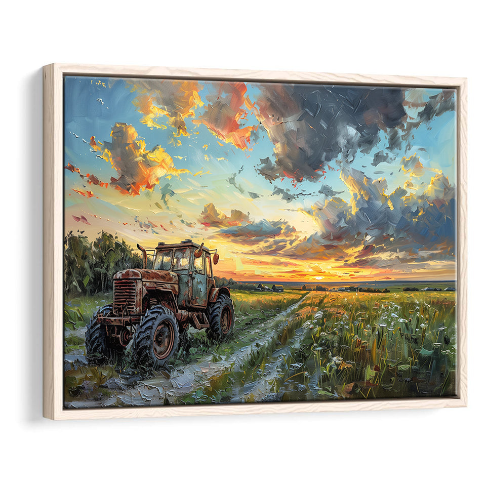 Old Tractor And Pastel Clouds Over The Backyard, Floating Frame, Framed Canvas Print Wall Art Home Decor