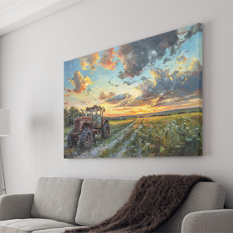 Old Tractor And Pastel Clouds Over The Backyard, Art Print, Canvas Print Wall Art Home Decor