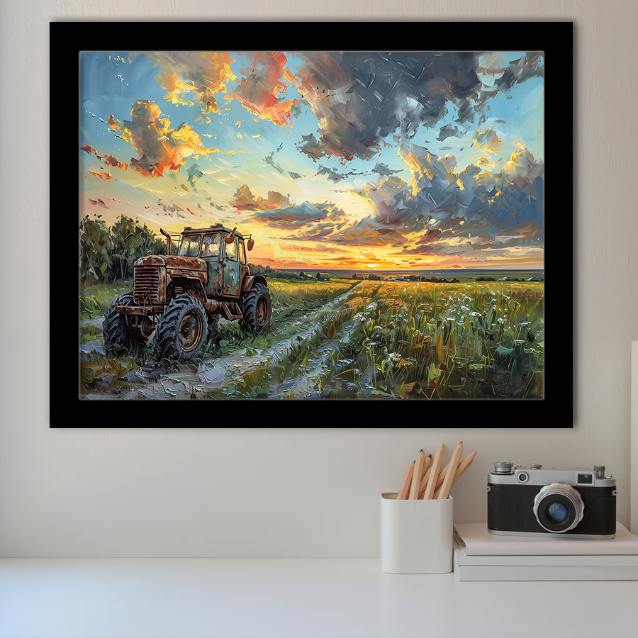 Old Tractor And Pastel Clouds Over The Backyard, Painting Art, Framed Art Print Wall Art Home Decor