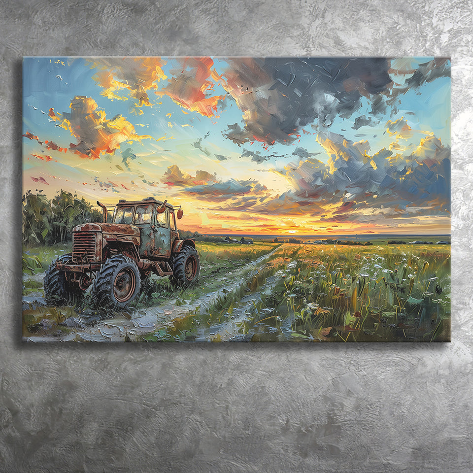 Old Tractor And Pastel Clouds Over The Backyard, Art Print, Canvas Print Wall Art Home Decor