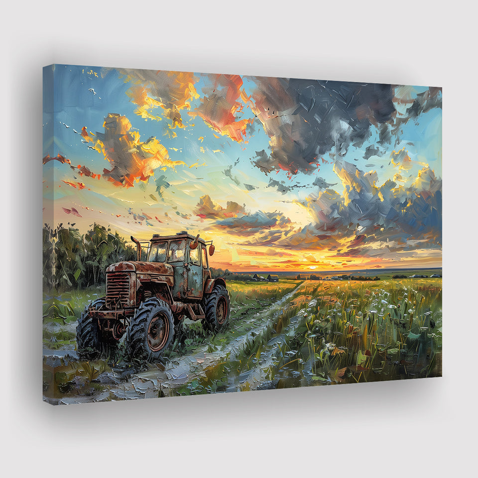 Old Tractor And Pastel Clouds Over The Backyard, Art Print, Canvas Print Wall Art Home Decor