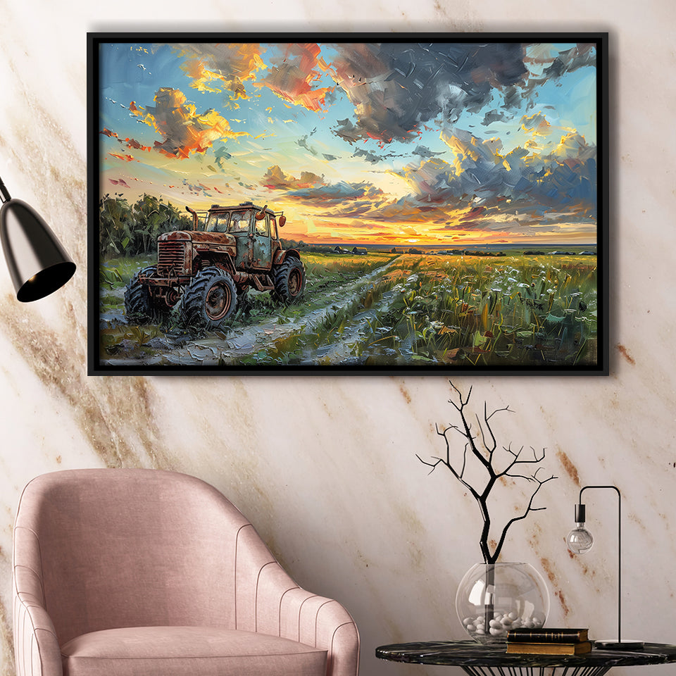 Old Tractor And Pastel Clouds Over The Backyard, Floating Frame, Framed Canvas Print Wall Art Home Decor