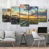 Old Tractor And Pastel Clouds Over The Backyard, Multi Panel,Mixed Canvas Print Wall Art Decor