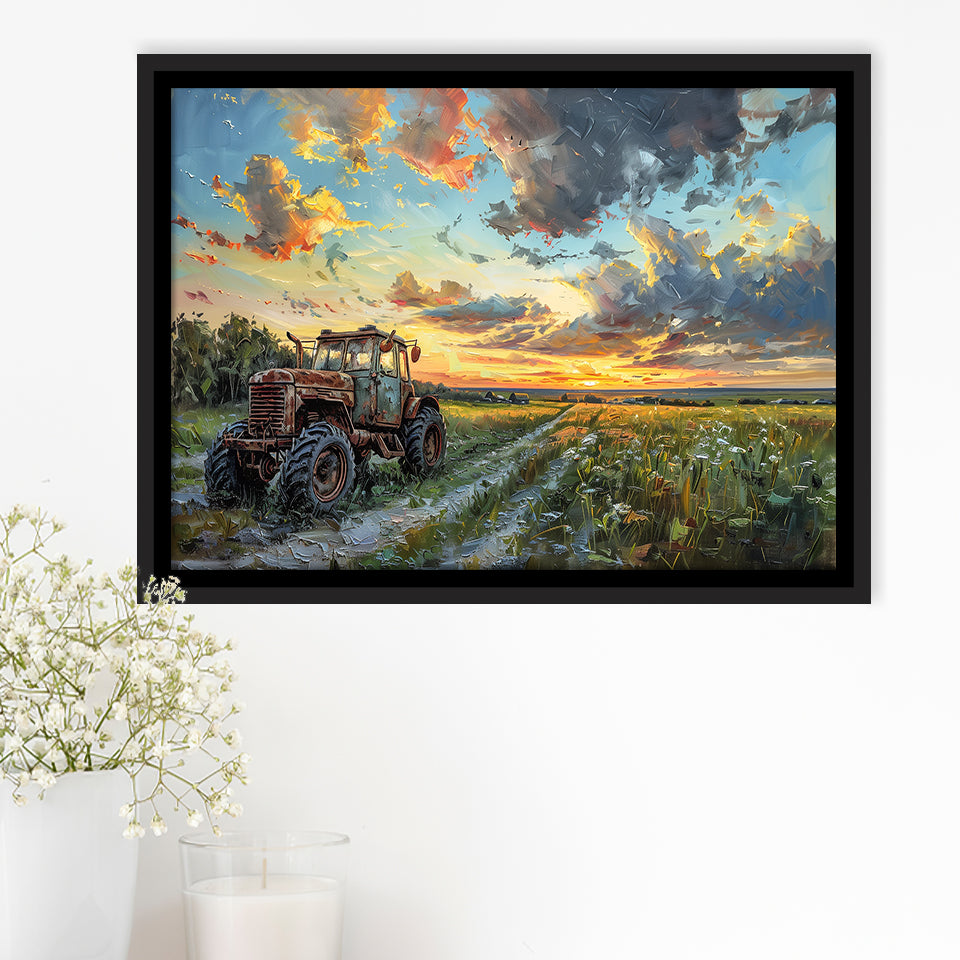 Old Tractor And Pastel Clouds Over The Backyard, Floating Frame, Framed Canvas Print Wall Art Home Decor