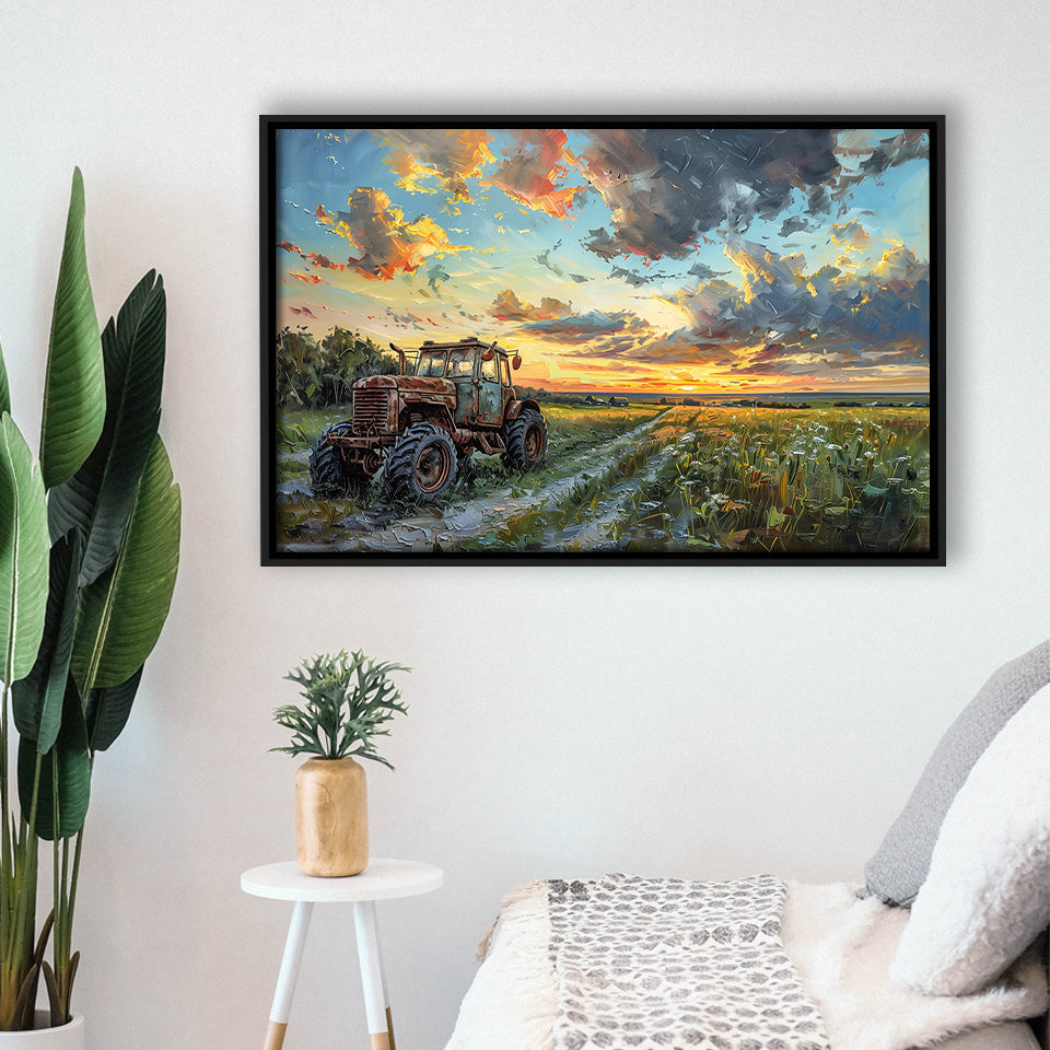 Old Tractor And Pastel Clouds Over The Backyard, Floating Frame, Framed Canvas Print Wall Art Home Decor