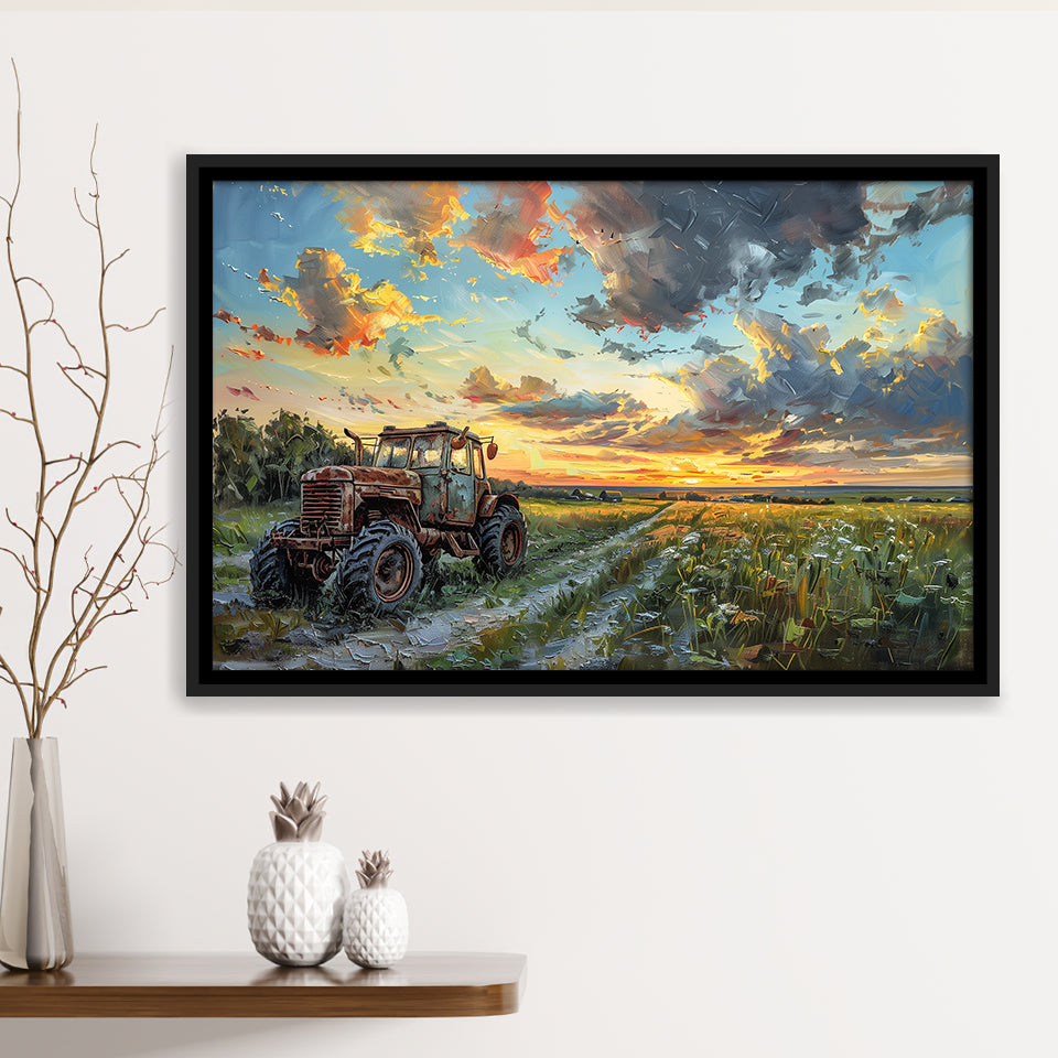 Old Tractor And Pastel Clouds Over The Backyard, Floating Frame, Framed Canvas Print Wall Art Home Decor