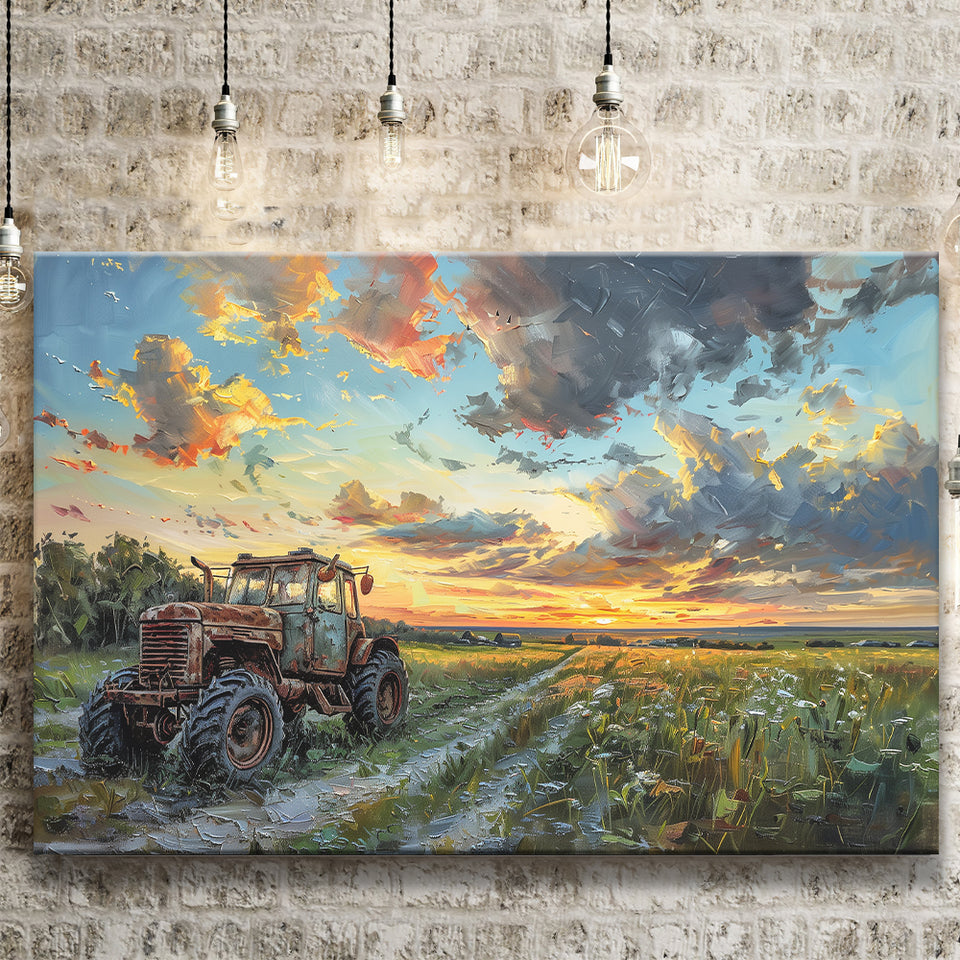 Old Tractor And Pastel Clouds Over The Backyard, Art Print, Canvas Print Wall Art Home Decor