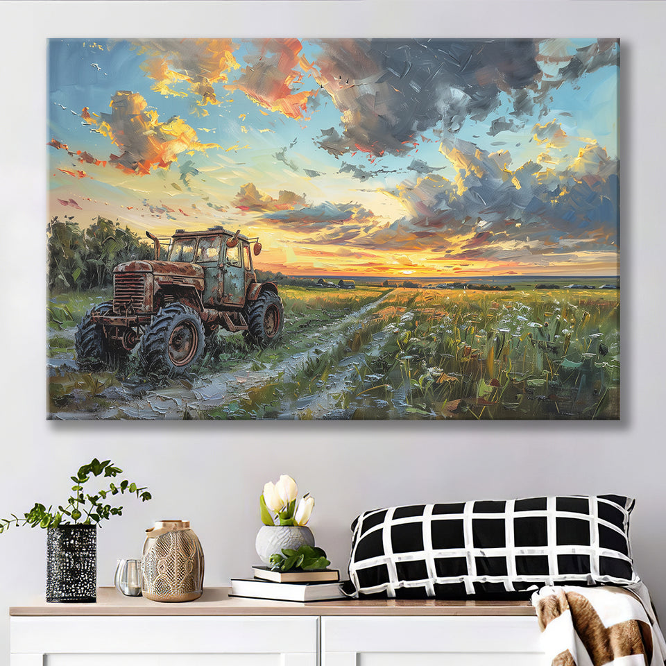 Old Tractor And Pastel Clouds Over The Backyard, Art Print, Canvas Print Wall Art Home Decor