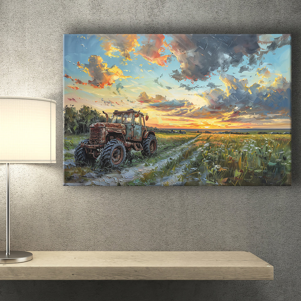 Old Tractor And Pastel Clouds Over The Backyard, Art Print, Canvas Print Wall Art Home Decor