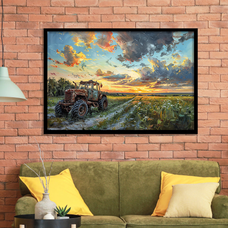 Old Tractor And Pastel Clouds Over The Backyard, Painting Art, Framed Art Print Wall Art Home Decor