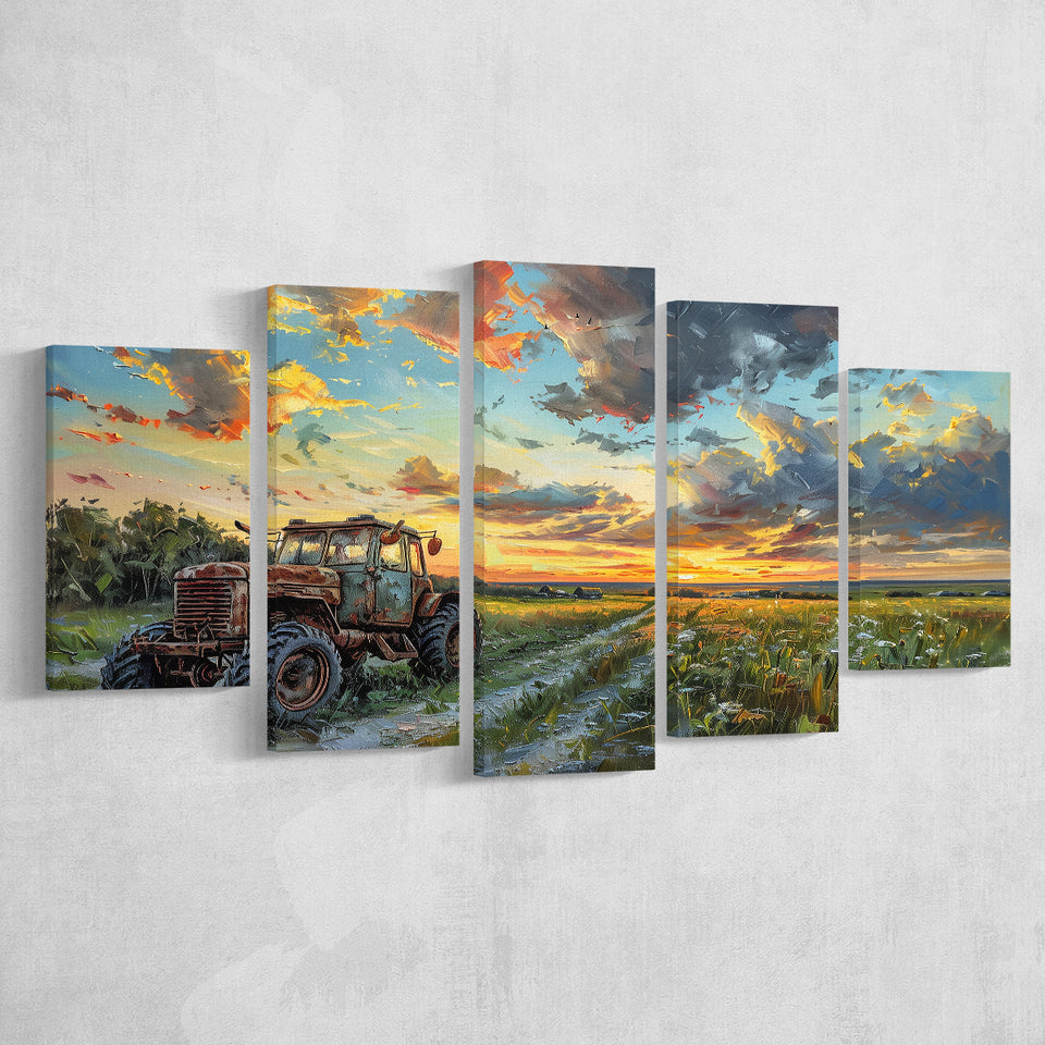 Old Tractor And Pastel Clouds Over The Backyard, Multi Panel,Mixed Canvas Print Wall Art Decor