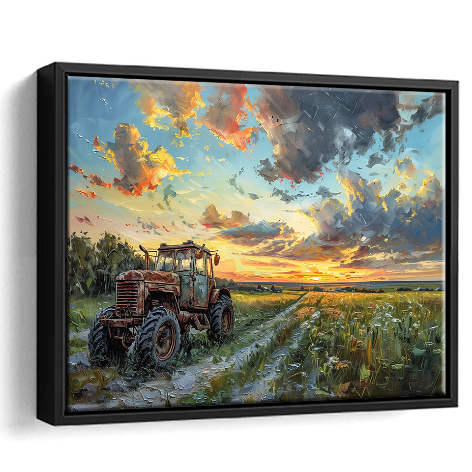 Old Tractor And Pastel Clouds Over The Backyard, Floating Frame, Framed Canvas Print Wall Art Home Decor
