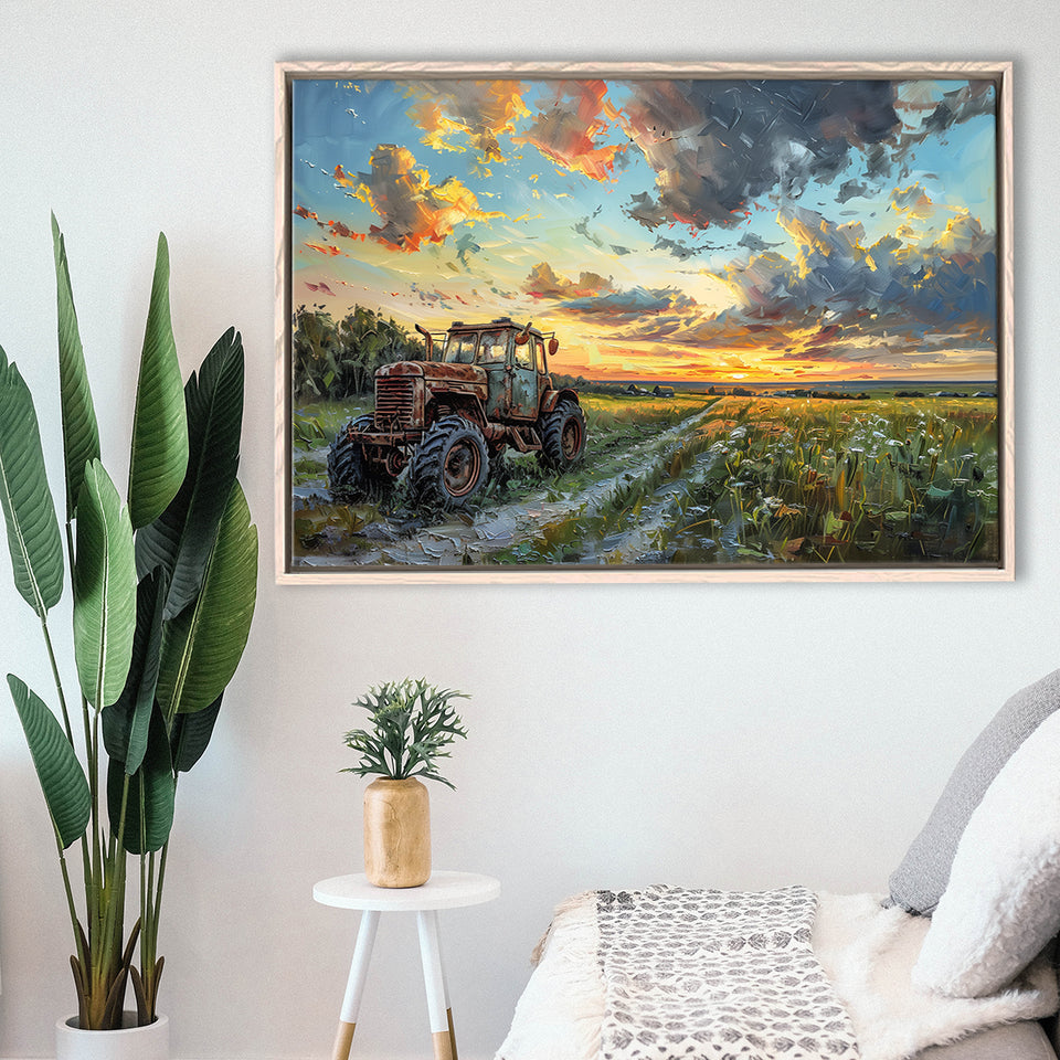 Old Tractor And Pastel Clouds Over The Backyard, Floating Frame, Framed Canvas Print Wall Art Home Decor