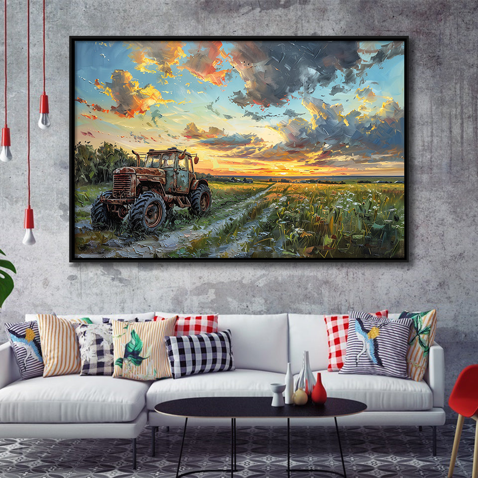 Old Tractor And Pastel Clouds Over The Backyard, Floating Frame, Framed Canvas Print Wall Art Home Decor