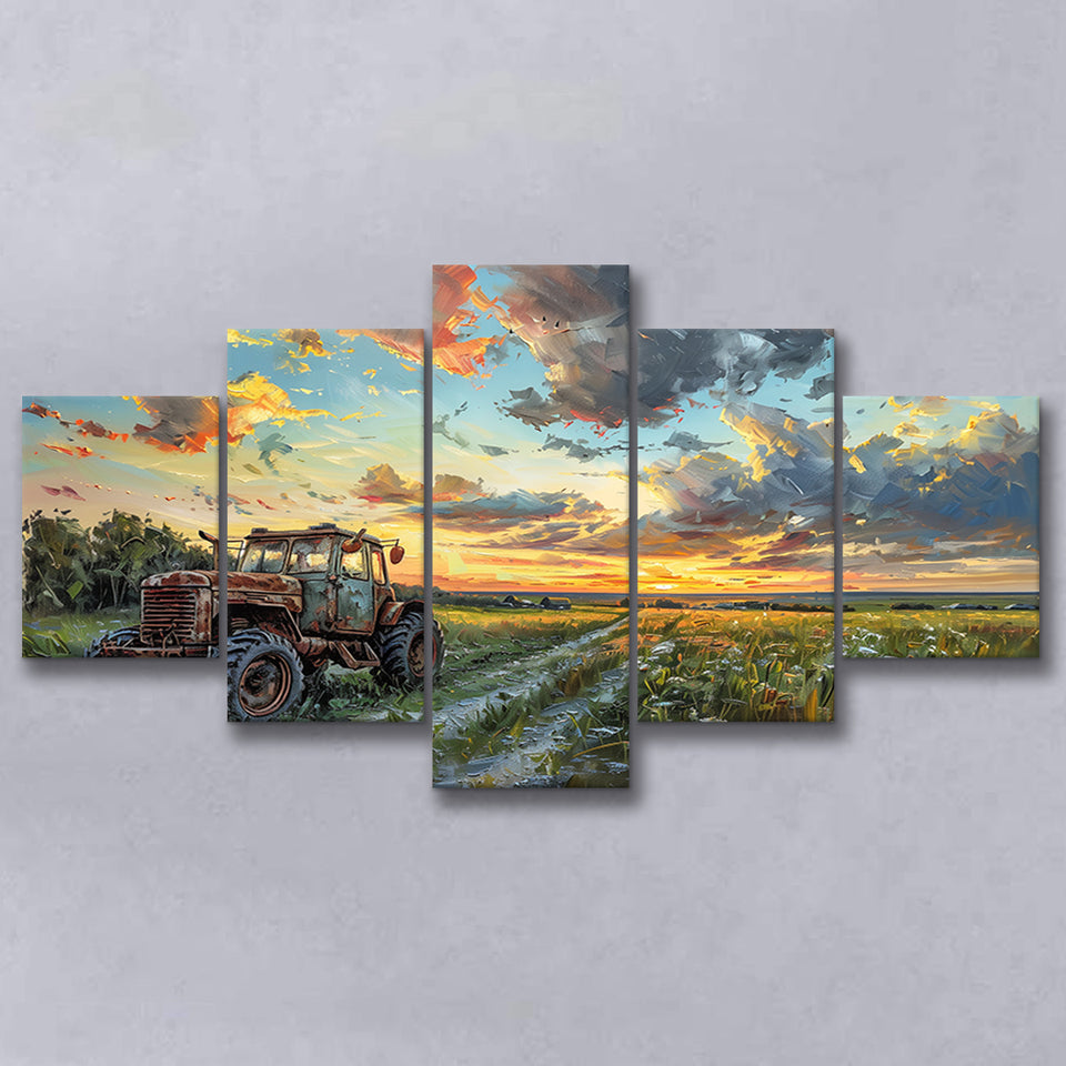 Old Tractor And Pastel Clouds Over The Backyard, Multi Panel,Mixed Canvas Print Wall Art Decor