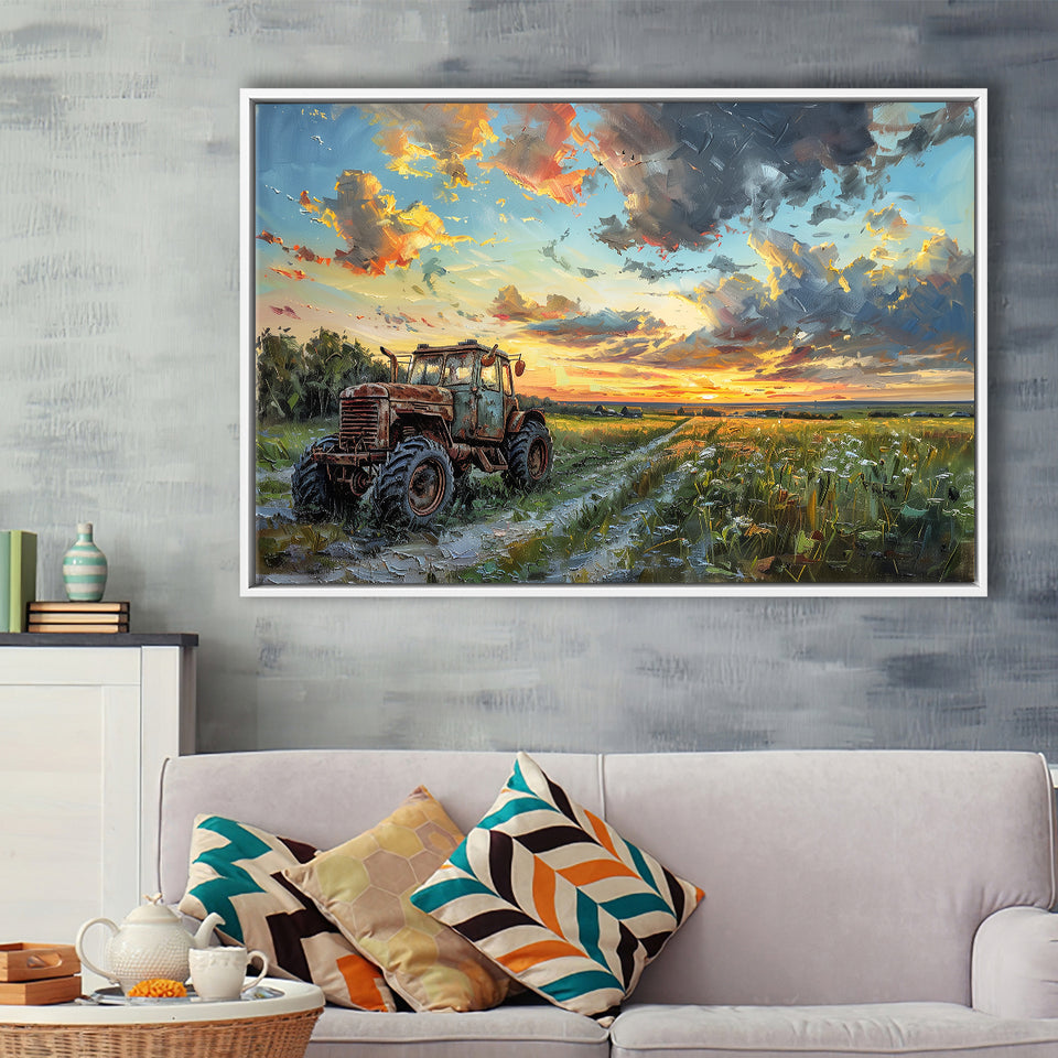Old Tractor And Pastel Clouds Over The Backyard, Floating Frame, Framed Canvas Print Wall Art Home Decor