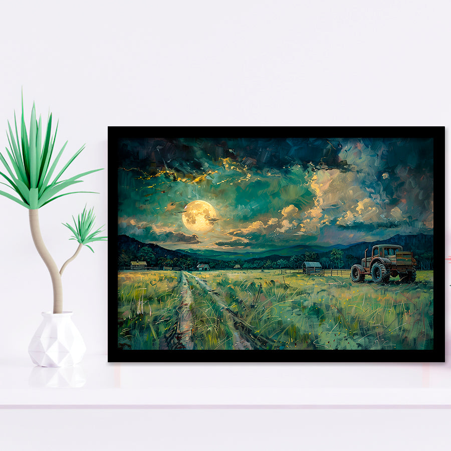 Old Tractor Garden in the Moonlight Painting Art, Painting Art, Framed Art Print Wall Art Home Decor