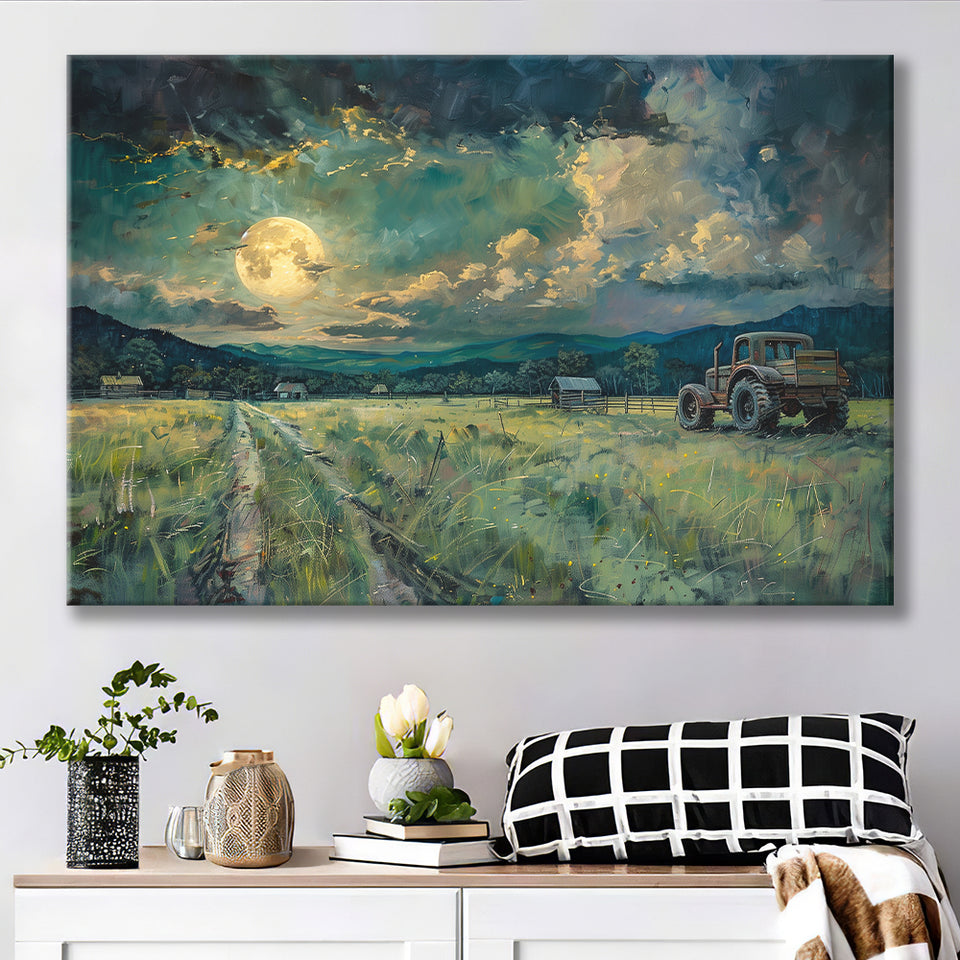 Old Tractor Garden in the Moonlight Painting Art, Art Print, Canvas Print Wall Art Home Decor