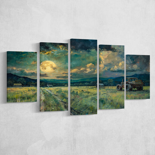 Old Tractor Garden in the Moonlight Painting Art, Multi Panel,Mixed Canvas Print Wall Art Decor