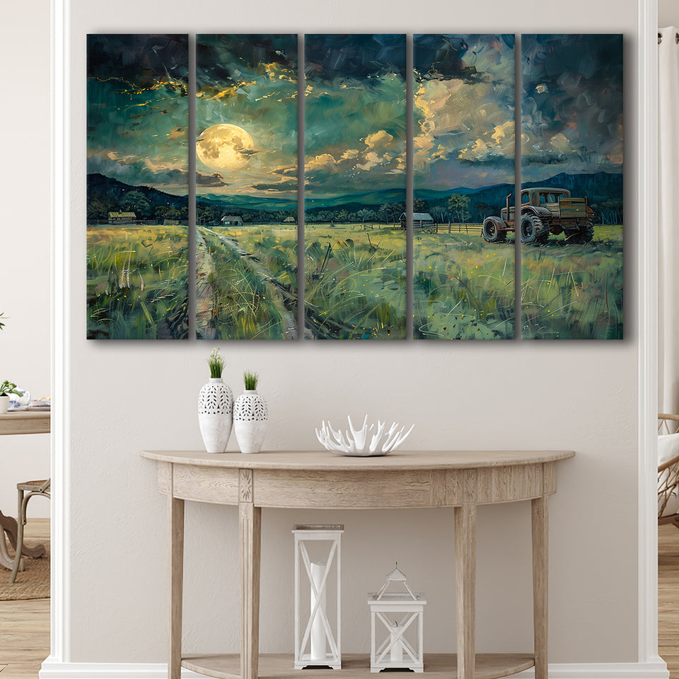 Old Tractor Garden in the Moonlight Painting Art, Extra Large Canvas, Canvas Print Wall Art Decor