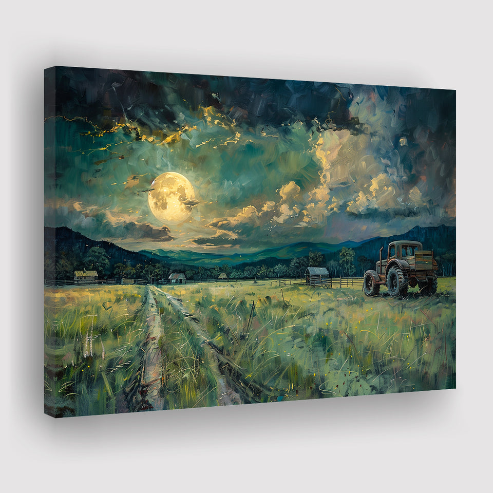 Old Tractor Garden in the Moonlight Painting Art, Art Print, Canvas Print Wall Art Home Decor