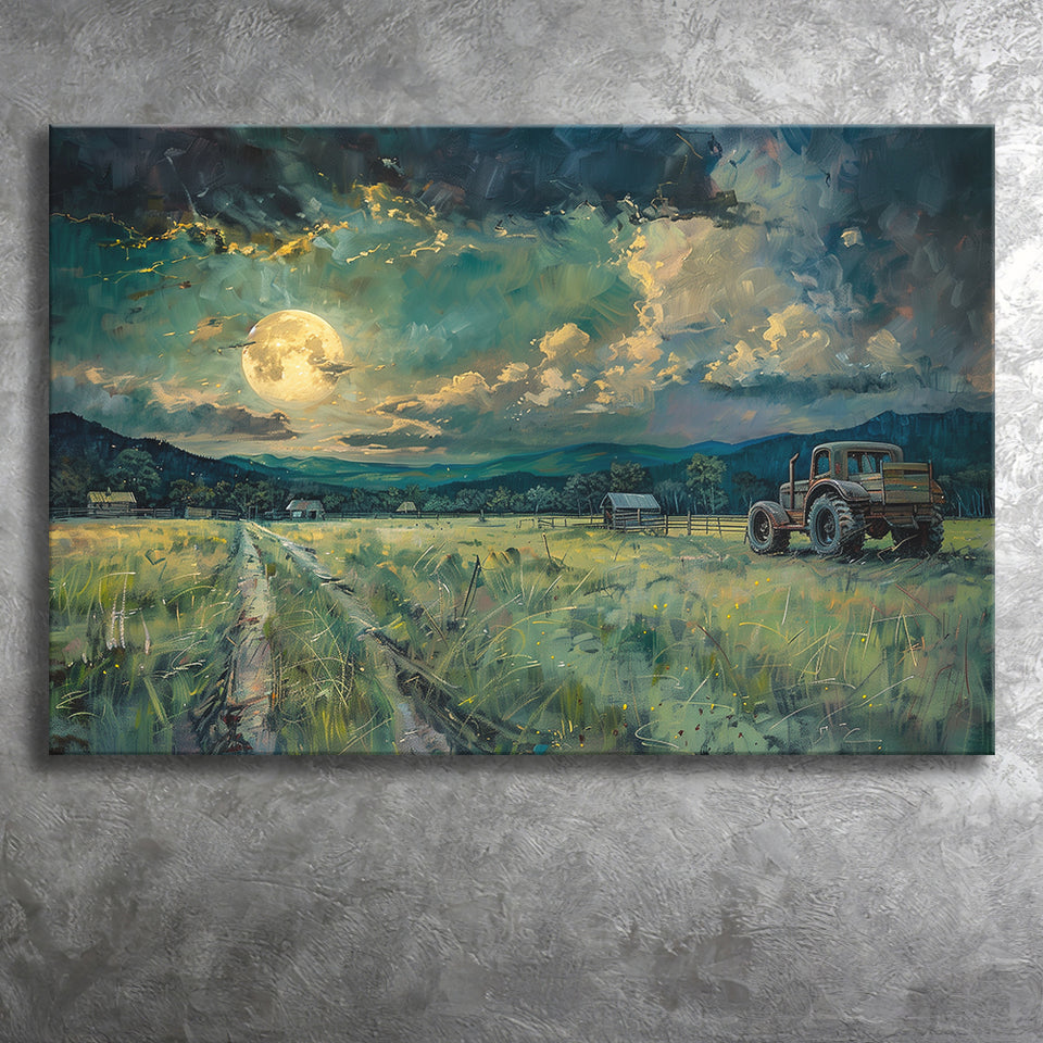 Old Tractor Garden in the Moonlight Painting Art, Art Print, Canvas Print Wall Art Home Decor