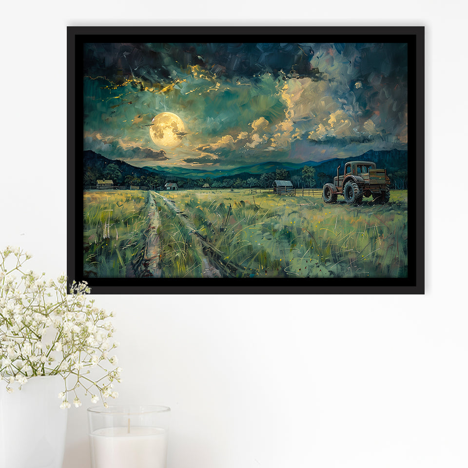 Old Tractor Garden in the Moonlight Painting Art, Floating Frame, Framed Canvas Print Wall Art Home Decor