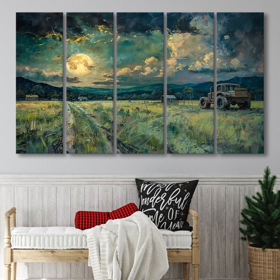 Old Tractor Garden in the Moonlight Painting Art, Extra Large Canvas, Canvas Print Wall Art Decor