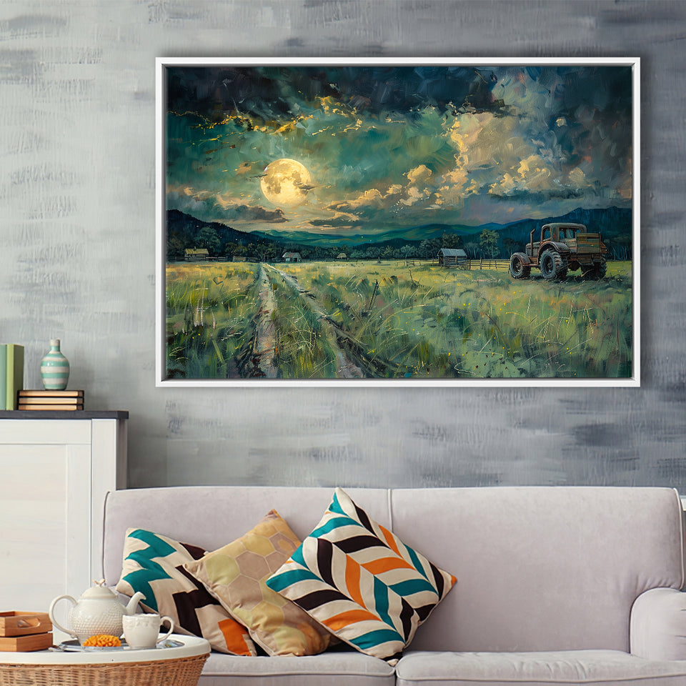 Old Tractor Garden in the Moonlight Painting Art, Floating Frame, Framed Canvas Print Wall Art Home Decor