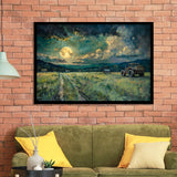 Old Tractor Garden in the Moonlight Painting Art, Painting Art, Framed Art Print Wall Art Home Decor