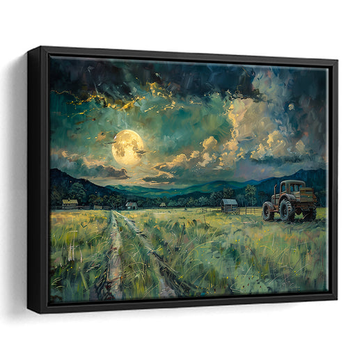 Old Tractor Garden in the Moonlight Painting Art, Floating Frame, Framed Canvas Print Wall Art Home Decor