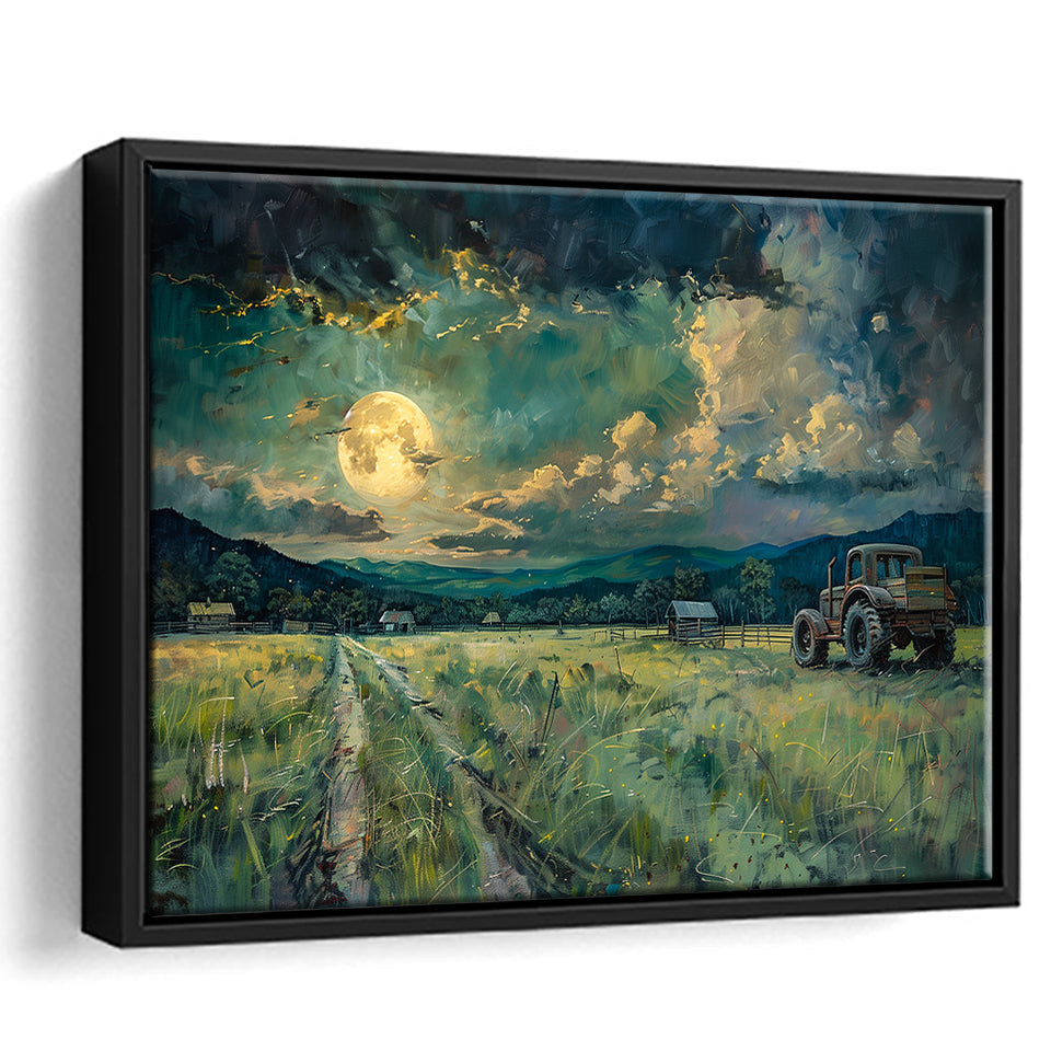 Old Tractor Garden in the Moonlight Painting Art, Floating Frame, Framed Canvas Print Wall Art Home Decor