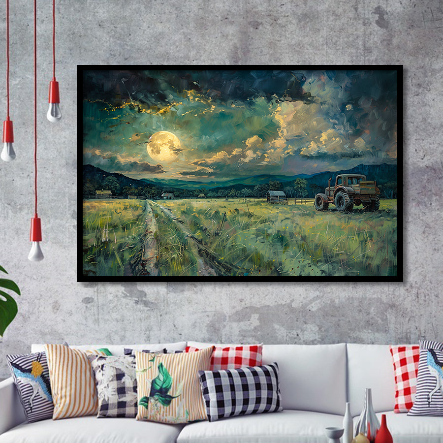 Old Tractor Garden in the Moonlight Painting Art, Painting Art, Framed Art Print Wall Art Home Decor