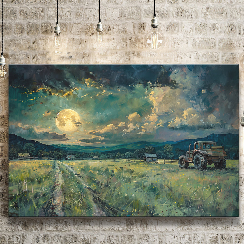 Old Tractor Garden in the Moonlight Painting Art, Art Print, Canvas Print Wall Art Home Decor