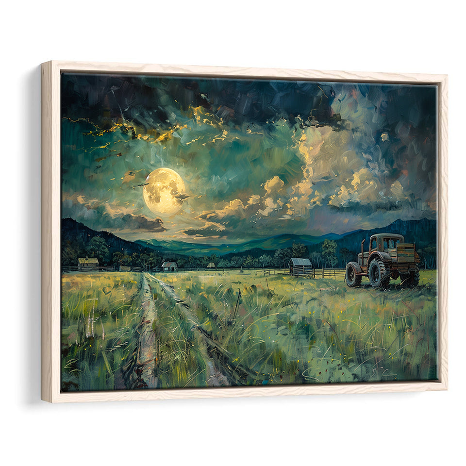 Old Tractor Garden in the Moonlight Painting Art, Floating Frame, Framed Canvas Print Wall Art Home Decor