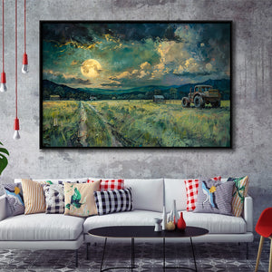 Old Tractor Garden in the Moonlight Painting Art, Floating Frame, Framed Canvas Print Wall Art Home Decor