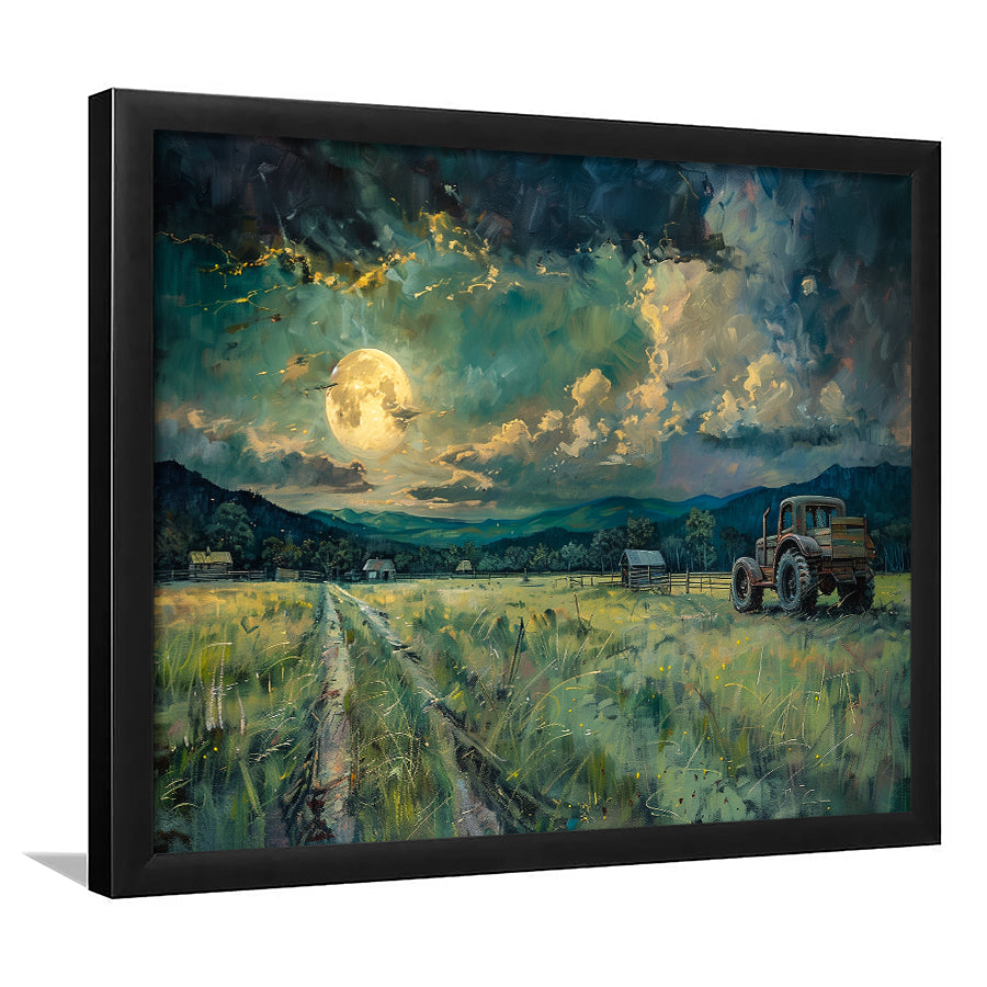 Old Tractor Garden in the Moonlight Painting Art, Painting Art, Framed Art Print Wall Art Home Decor
