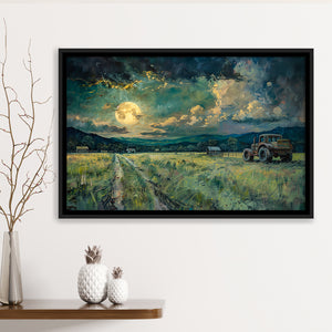 Old Tractor Garden in the Moonlight Painting Art, Floating Frame, Framed Canvas Print Wall Art Home Decor