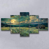 Old Tractor Garden in the Moonlight Painting Art, Multi Panel,Mixed Canvas Print Wall Art Decor