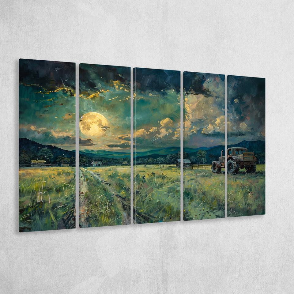 Old Tractor Garden in the Moonlight Painting Art, Extra Large Canvas, Canvas Print Wall Art Decor