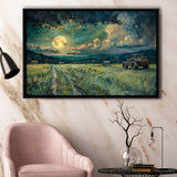 Old Tractor Garden in the Moonlight Painting Art, Floating Frame, Framed Canvas Print Wall Art Home Decor